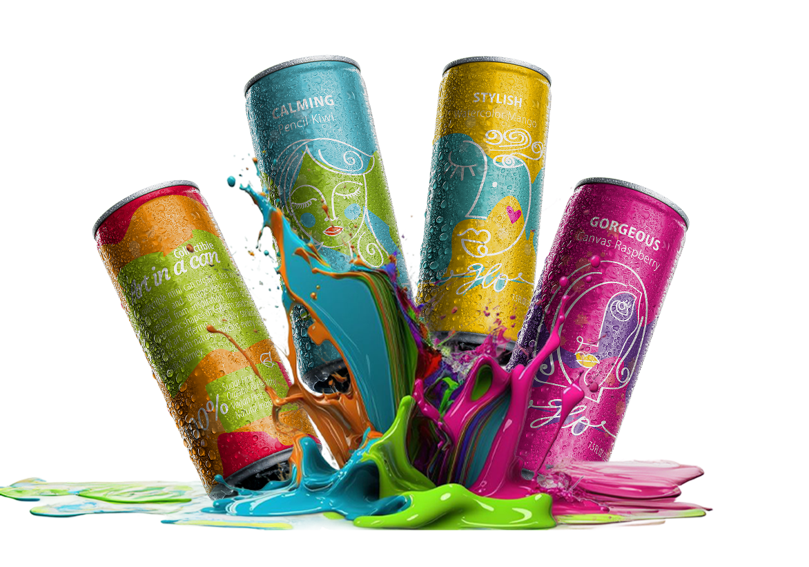 Glo Beverage packaging design with colorful tea cans