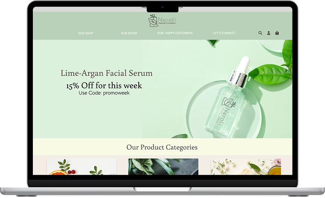 Neroli Cosmetics website shown on a laptop screen