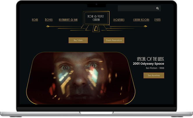 Noir & Velvet Cinema website shown on a laptop screen